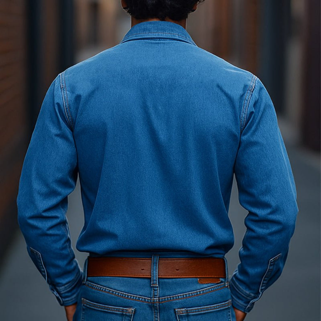 Men's Retro Western Denim Shirt with Tassel Details