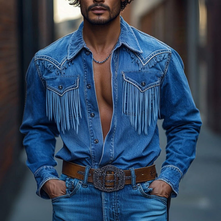 Men's Retro Western Denim Shirt with Tassel Details
