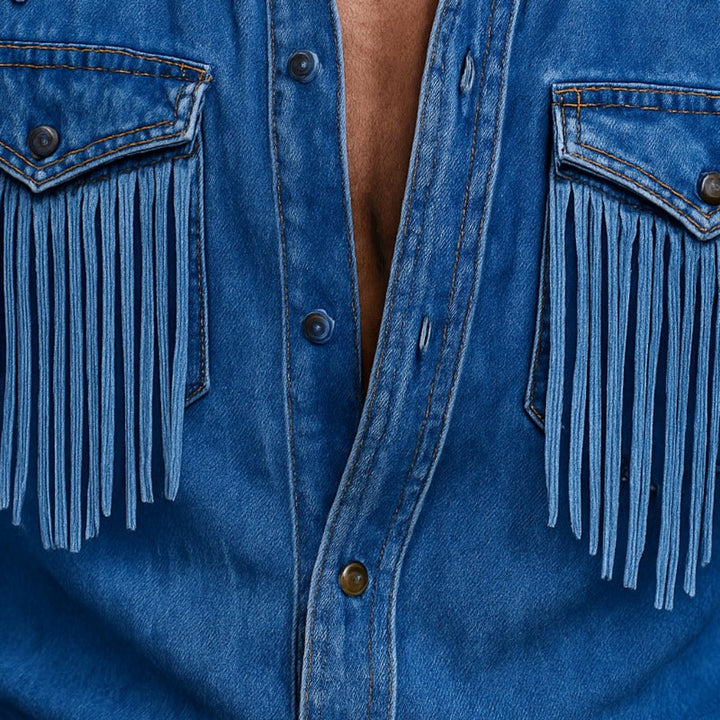 Men's Retro Western Denim Shirt with Tassel Details