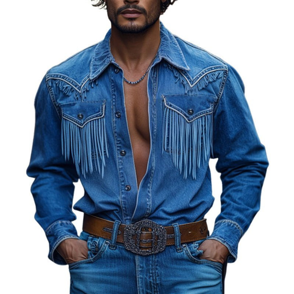 Men's Retro Western Denim Shirt with Tassel Details