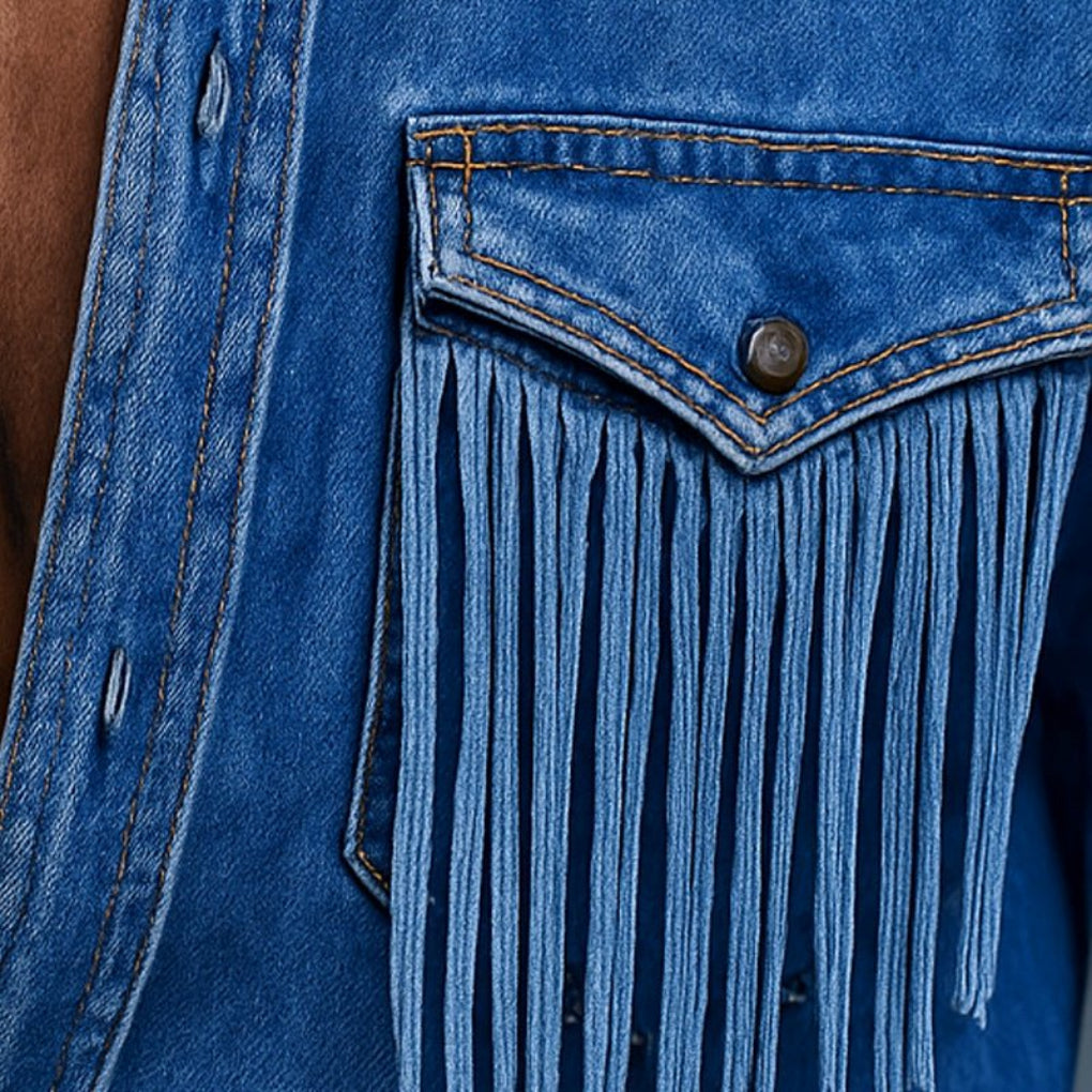 Men's Retro Western Denim Shirt with Tassel Details
