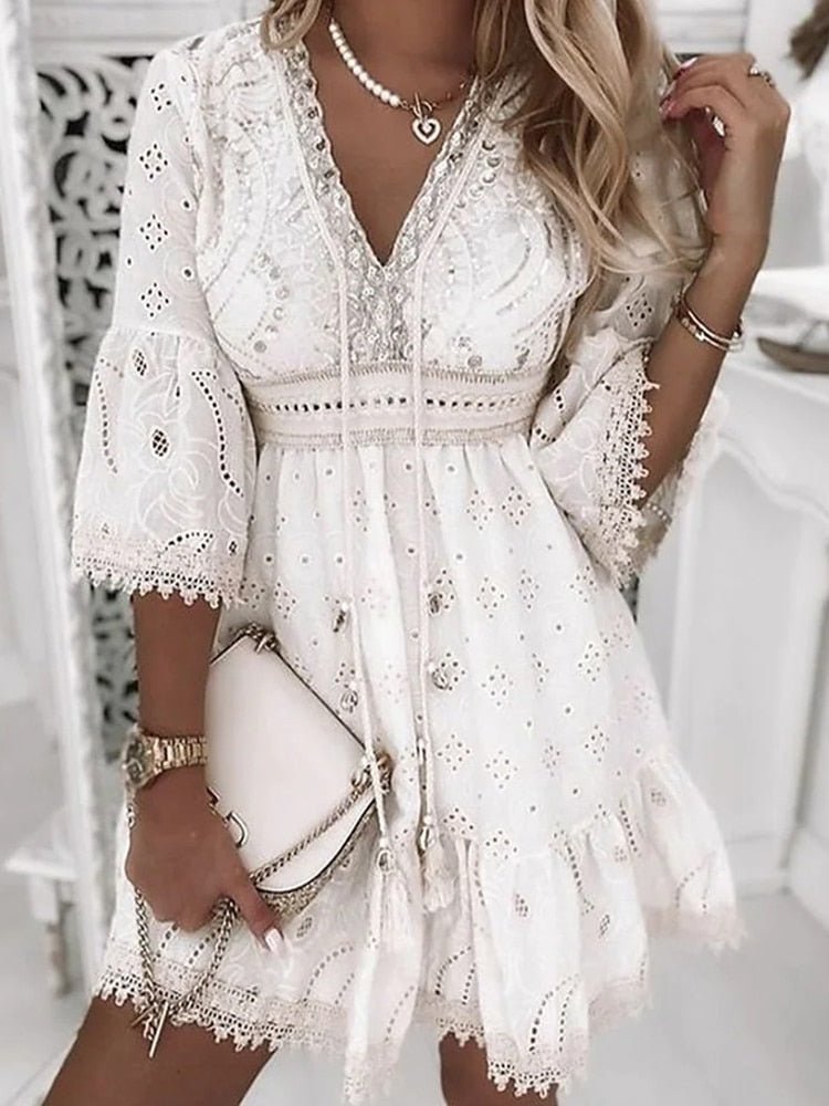 Women’s Eyelet Mini Dress with Lace Trim