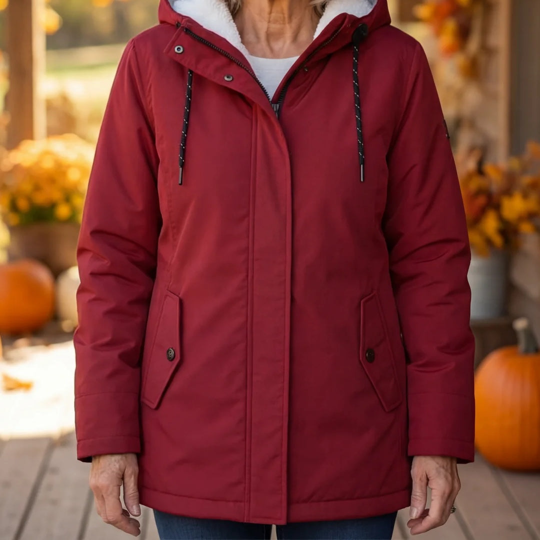 Women's Fleece-Lined Hooded Parka with Drawstring Hood and Flap Pockets