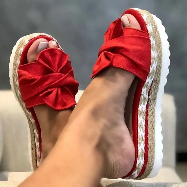Women’s Platform Slip-On Sandals with Braided Sole and Bow Detail