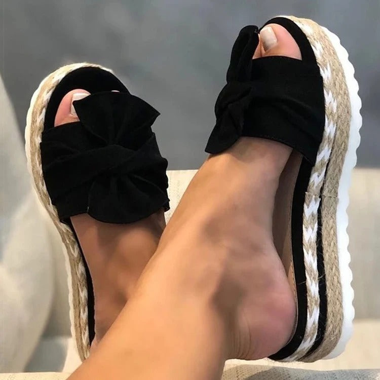 Women’s Platform Slip-On Sandals with Braided Sole and Bow Detail