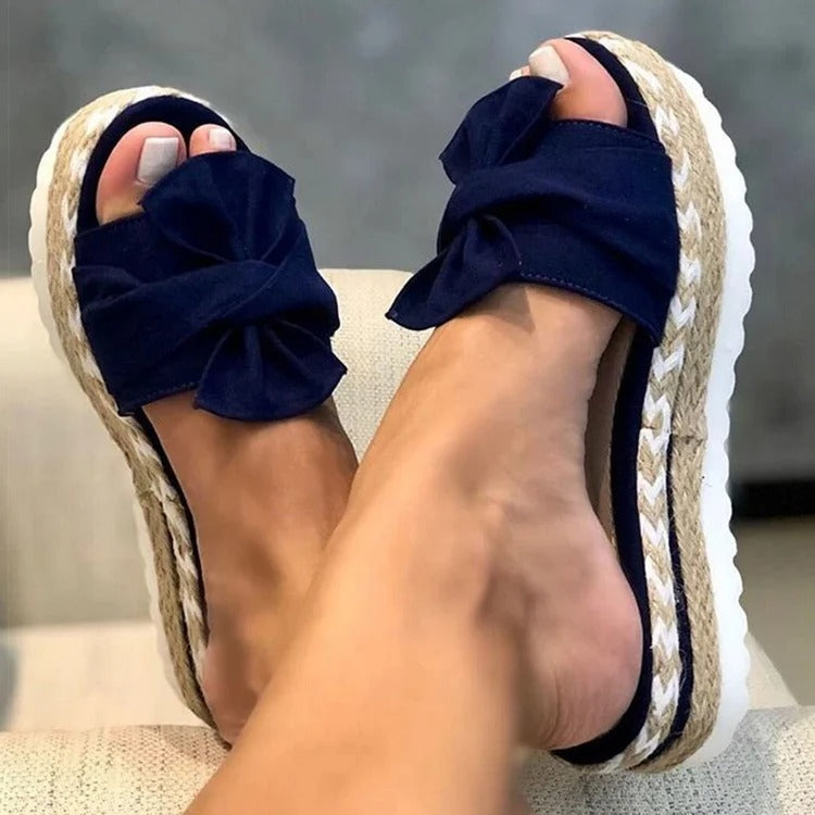 Women’s Platform Slip-On Sandals with Braided Sole and Bow Detail