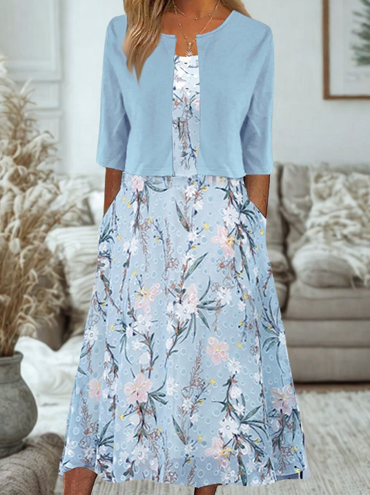 Women’s Floral Print Midi Dress with Cropped Blazer Set