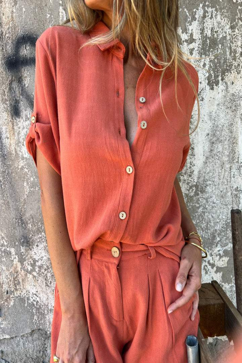 Women’s Linen Button-Down Shirt and Shorts Set